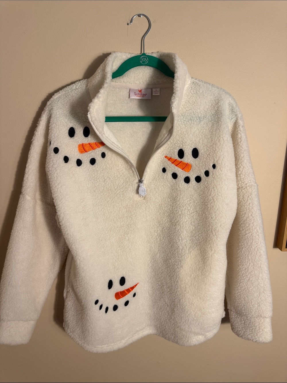 Quacker Factory Ivory Sherpa Snowman Face Half-Zip Pullover